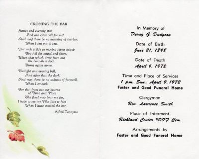 Dewey G. Dudgeon

This Funeral Memorial was shared by Annie Palmer. The Funeral Memorial is for Dewey Gibson Dudgeon.

