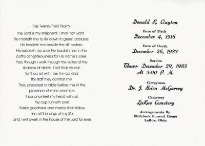 Donald R. Clayton

Funeral Memorial for Donald R. Clayton.
