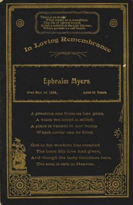 Click to view full size image
==============
Ephraim E. Myers
Ephraim E. Myers
Ephraim E. Myers was the son to Robert Myers and Mary.
Date of Birth: 28 November 1812 in Dearborn County, Indiana.
Date of Death: 23 March 1895 in Andrew County, Missouri.
Ephraim E. Myers
Ephraim E. Myers
Ephraim E. Myers was the son to Robert Myers and Mary.
Date of Birth: 28 November 1812 in Dearborn County, Indiana.
Date of Death: 23 March 1895 in Andrew County, Missouri.