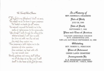 Click to view full size image
==============
Rev. George C. Chambers
Funeral Memorial for Rev. George C. Chambers.
Rev. George C. Chambers
Funeral Memorial for Rev. George C. Chambers.