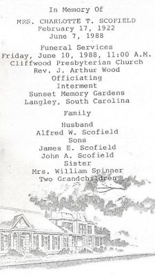 Charlotte T. Scofield

Funeral Memorial for "Mrs. Charlotte T. Schofield"

This Memorial was Donated by Janet Ordway & Shane with the Troy Historical Society

