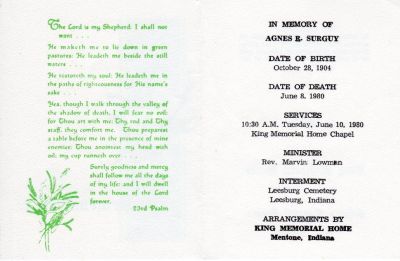 Click to view full size image
==============
Anges R. Long Surguy
This was shared by Annie Palmer
The Funeral Memorial is for Agnes R. Surguy
Anges R. Long Surguy
This was shared by Annie Palmer
The Funeral Memorial is for Agnes R. Surguy