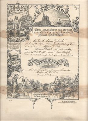 Click to view full size image
==============
Gertrude Lina Thiele
THIS HAS BEEN RETURNED TO FAMILY.
Baptism Certificate for Gertrude Lina Thiele, Daughter of Alfred Thiele & Alma Brandes. Born 23 September 1901.
Gertrude Lina Thiele
THIS HAS BEEN RETURNED TO FAMILY.
Baptism Certificate for Gertrude Lina Thiele, Daughter of Alfred Thiele & Alma Brandes. Born 23 September 1901.