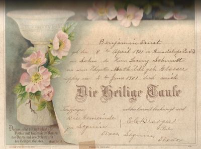 Click to view full size image
==============
Benjamin E. Schmitt
THIS HAS BEEN RETURNED TO FAMILY.
Baptismal Certificate for Benjamin E. Schmitt.
Date of Baptism was 2 June 1901.
Benjamin E. Schmitt
THIS HAS BEEN RETURNED TO FAMILY.
Baptismal Certificate for Benjamin E. Schmitt.
Date of Baptism was 2 June 1901.