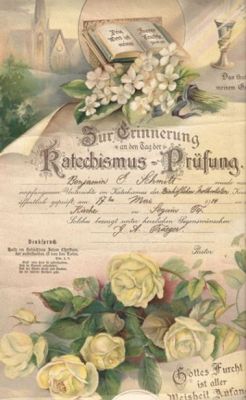 Benjamin E. Schmitt

THIS HAS BEEN RETURNED TO FAMILY.

Benjamin E. Schmitt
Catechism Certificate
Dated 17 March 1914.
