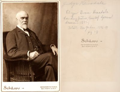 Judge Elizur Brace “E. B.” Hinsdale

THIS HAS BEEN DONATED TO THE GENESSEE COUNTY HISTORICAL SOCIETY

This Cabinet Card Photo States: ""Judge Hinsdale.
Elizur Brace Hinsdale, Presiding Justice, Court of Special Sessions (1897-). Notable New Yorkers 1896-1899."

The Photographers name is "Schloss", New York, New York.
