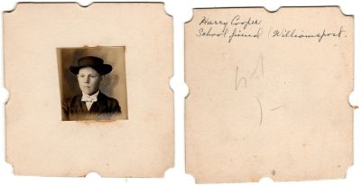 Click to view full size image
==============
Harry Cooper
This photo mounted on board states: "Harry Cooper, school friend, Williamsport"
Harry Cooper
This photo mounted on board states: "Harry Cooper, school friend, Williamsport"