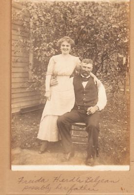 Click to view full size image
==============
Freida Herdle Beljean Left
THIS HAS BEEN RETURNED TO FAMILY
This Real Photo Postcard (RPPC) States: "Freida Herdle Beljean & possibly her father"
Freida Herdle Beljean Left
THIS HAS BEEN RETURNED TO FAMILY
This Real Photo Postcard (RPPC) States: "Freida Herdle Beljean & possibly her father"