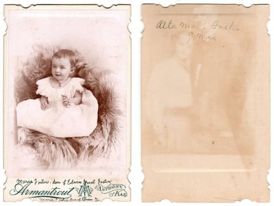 Marie Alta Foster

This Cabinet Card Photo was donated by Diane Ramsey Senalik.

The Front of the Cabinet Card Photo States: "Marie Foster, dau. of Edwin Grant Foster"

The Back of the Cabinet Card Photo States: "Alta Marie Foster, 9 months"

The Photographers name is "Armantrout", Anthony, Kansas.
