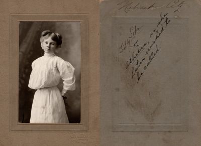 Click to view full size image
==============
Athelia "Tilly" Loken
This photo mounted on board states: "Nebraska City, Tilly Loken or Athelia as she later wished to be called"
The Photographers name is "Kautz", Nebraska City, Nebraska.
NOTE: Athelia Ragna “Tilly” Loken married Adolf S. Ingebrigtsen
Athelia "Tilly" Loken
This photo mounted on board states: "Nebraska City, Tilly Loken or Athelia as she later wished to be called"
The Photographers name is "Kautz", Nebraska City, Nebraska.
NOTE: Athelia Ragna “Tilly” Loken married Adolf S. Ingebrigtsen