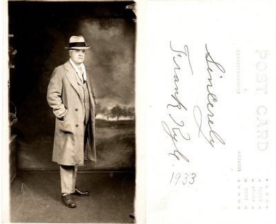 Click to view full size image
==============
Frank Kyle
This was Donated by Cheryl Webber.
This Real Photo Postcard States: "Sincerely, Frank Kyle, 1933"
Frank Kyle
This was Donated by Cheryl Webber.
This Real Photo Postcard States: "Sincerely, Frank Kyle, 1933"