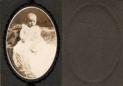 Click to view full size image
==============
Charles E. Draver
This cut photo mounted on board states: "Charles E. Draver, age 7 months. Born 20 September 1901"
Charles E. Draver
This cut photo mounted on board states: "Charles E. Draver, age 7 months. Born 20 September 1901"