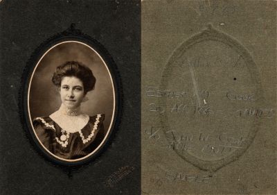 Click to view full size image
==============
Esther M. Cook
This photo mounted on board states: "Esther M. Cook, 20 April 1886 - January 1973. D/O John W. Cook & Sadie Mott."
NOTE: Research shows that the mother is Sarah Francis "Sadie" Mott.
The Photographers name is "Burkholder", Mansfield, Ohio.
Esther M. Cook
This photo mounted on board states: "Esther M. Cook, 20 April 1886 - January 1973. D/O John W. Cook & Sadie Mott."
NOTE: Research shows that the mother is Sarah Francis "Sadie" Mott.
The Photographers name is "Burkholder", Mansfield, Ohio.