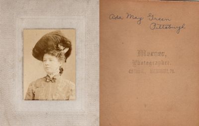 Click to view full size image
==============
Aida May Green
This photo mounted on board states: "Ada May Green, Pittsburgh"
The Photographers name is "Mercer", Allegheny, Pennsylvania.
Aida May Green
This photo mounted on board states: "Ada May Green, Pittsburgh"
The Photographers name is "Mercer", Allegheny, Pennsylvania.