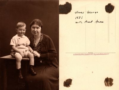 Click to view full size image
==============
Hans George & Aunt Anna
This Real Photo Postcard States: "Hans George, 1932 with Aunt Anna"
The Photographers name is "A. Eggeling, Hamburg, Germany
Hans George & Aunt Anna
This Real Photo Postcard States: "Hans George, 1932 with Aunt Anna"
The Photographers name is "A. Eggeling, Hamburg, Germany