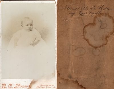 Florence Almeta Haller

This Cabinet Card Photo States: "Florence Almeta Haller, age nine months"

The Photographers name is "R. C. Houser", Michigan City, Indiana.

