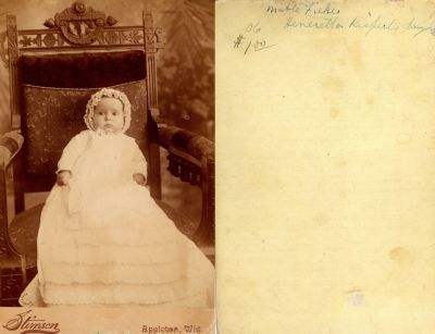Mabel W. Feiker

This Cabinet Card Photo States: "Mable Fieker, Heneretta's Kisperts daughter"

The Photographers name is "Stinson", Appleton, Wisconsin.
