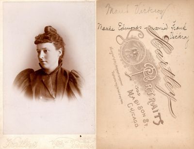 Click to view full size image
==============
Maude Edmonds Vickroy
This Cabinet Card Photo States: "Maud Vickroy, Maude Edmonds Married Frank Vickroy"
NOTE: Maude/Maud is spelled both ways in the description
The Photographers name is "Hartley's Portraits", Chicago, Illinois.
Maude Edmonds Vickroy
This Cabinet Card Photo States: "Maud Vickroy, Maude Edmonds Married Frank Vickroy"
NOTE: Maude/Maud is spelled both ways in the description
The Photographers name is "Hartley's Portraits", Chicago, Illinois.