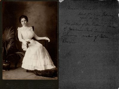 Bessie Barber

THIS HAS BEEN RETURNED TO FAMILY

This Cabinet Card Photo States: "Bessie Barber, Died in 1902 in February, aged 20 years. Daughter of Dr. Gideon L. Barber of Jackson Park Terrace, Chicago. Sister of Belle Barber"

The Photographers name is "Fein & Schnabel", South Chicago, Illinois.
