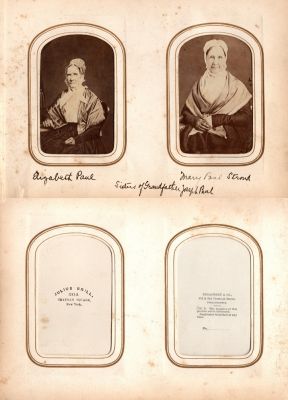 Click to view full size image
==============
Mary Paul Stroud & Elizabeth Paul
These CdV's were rescued from a harvested Album.
The Left CdV Photograph States: "Elizabeth Paul "
The Right CdV Photograph States: "Mary Paul Stroud"
They are sisters of Grandfather Joseph Paul.
The left CdV Photograph Photographers name is "Broadbent & Co.", Philadelphia, Pennsylvania
The Right CdV Photograph Photographers name is "Julius Brill, 204 Chatham Square, New York.
Mary Paul Stroud & Elizabeth Paul
These CdV's were rescued from a harvested Album.
The Left CdV Photograph States: "Elizabeth Paul "
The Right CdV Photograph States: "Mary Paul Stroud"
They are sisters of Grandfather Joseph Paul.
The left CdV Photograph Photographers name is "Broadbent & Co.", Philadelphia, Pennsylvania
The Right CdV Photograph Photographers name is "Julius Brill, 204 Chatham Square, New York.