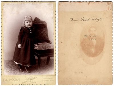 Click to view full size image
==============
Annie Pearl Clayton
This Cabinet Card Photo States: "Annie Pearl Clayton"
The Photographers name is "F. L. Hogan", Petoskey, Michigan.
NOTE: Annie Pearl Clayton was Born on 23 August 1889, in Little Traverse Township, Emmet, Michigan & She Died on 12 June 1970, at the age of 80.
Annie Pearl Clayton Married Ernest Francis Russell on 17 September 1913, in Harbor Springs, Emmet, Michigan.
Annie Pearl Clayton
This Cabinet Card Photo States: "Annie Pearl Clayton"
The Photographers name is "F. L. Hogan", Petoskey, Michigan.
NOTE: Annie Pearl Clayton was Born on 23 August 1889, in Little Traverse Township, Emmet, Michigan & She Died on 12 June 1970, at the age of 80.
Annie Pearl Clayton Married Ernest Francis Russell on 17 September 1913, in Harbor Springs, Emmet, Michigan.