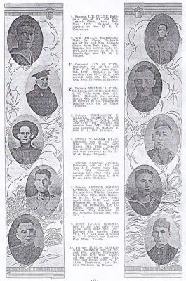 Click to view full size image
==============
J. B. Chale, Wm. Chale, Jay M. Vick, Melvin J. Vick, Frederick E. Gelder, William Ryan, Alonzo Auger, Arthur Joseph Lauzon, John Lilke & Julius Eisbrener
This was shared by Jaque Callis.
Seaman J. B. Chale, Wm. Chale, Corporal Jay M. Vick, Private Melvin J. Vick, Private Frederick E. Gelder, Private William Ryan, Private Alonzo Auger, Private Arthur Joseph Lauzon, John Lilke, Private Julius Eisbrener.
J. B. Chale, Wm. Chale, Jay M. Vick, Melvin J. Vick, Frederick E. Gelder, William Ryan, Alonzo Auger, Arthur Joseph Lauzon, John Lilke & Julius Eisbrener
This was shared by Jaque Callis.
Seaman J. B. Chale, Wm. Chale, Corporal Jay M. Vick, Private Melvin J. Vick, Private Frederick E. Gelder, Private William Ryan, Private Alonzo Auger, Private Arthur Joseph Lauzon, John Lilke, Private Julius Eisbrener.