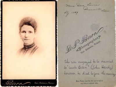 Click to view full size image
==============
Udorah "Dora" Turner
THIS HAS BEEN RETURNED TO FAMILY
This Cabinet Card Photo States: "Miss Dora Turner"
Taken in Pleasanton Texas, February 1889
Udorah "Dora" Turner
THIS HAS BEEN RETURNED TO FAMILY
This Cabinet Card Photo States: "Miss Dora Turner"
Taken in Pleasanton Texas, February 1889