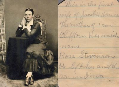 Click to view full size image
==============
Sarah Rose Stevenson Warner
THIS HAS BEEN RETURNED TO FAMILY
This Tintype Photo States: "This is the First Wife of Jacob H. Warner. The mother of 1 son, Clifton.
Her maiden name is Rose Stevenson. He left her and the son in Iowa.
Sarah Rose Stevenson Warner
THIS HAS BEEN RETURNED TO FAMILY
This Tintype Photo States: "This is the First Wife of Jacob H. Warner. The mother of 1 son, Clifton.
Her maiden name is Rose Stevenson. He left her and the son in Iowa.