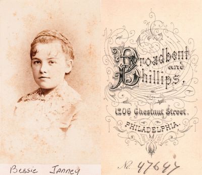 Bessie Janney

This was Donated by Cheryl Webber.

This CdV Photograph States: "Bessie Janney"

The Photographers name is "Broadbent & Phillips", Philadelphia, Pennsylvania.
