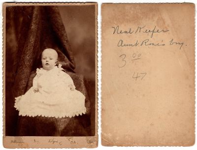 Click to view full size image
==============
Neal Keefer
This Cabinet Card Photo States: "Neal Keefer"
The Photographers name is "Wellington" in Ohio.
NOTE: The Cabinet Card is damaged and cannot read in what city this was taken.
Neal Keefer
This Cabinet Card Photo States: "Neal Keefer"
The Photographers name is "Wellington" in Ohio.
NOTE: The Cabinet Card is damaged and cannot read in what city this was taken.