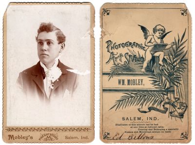 Ed Bellows

This Damaged Cabinet Card Photo States: "Ed Bellows"

The Photographers name is "Wm. Mobley", Salem, Indiana.
