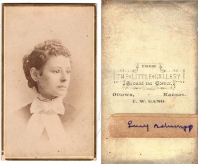 Lucy Ann Troutman Schempp

This was Donated by Cheryl Webber.

This CdV Photograph states: "Lucy Schempp"

The Photographers name is "The Little Gallery Around The Corner", Ottawa, Kansas.

