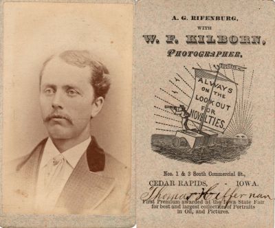 Thomas Hiffernan

This was Donated by Cheryl Webber.

This CdV Photograph States: "Thomas Hiffernan"

The Photographers name is "A. G. Rifenburg with W. F. Kilborn Photographer", Cedar Rapids, Iowa.

