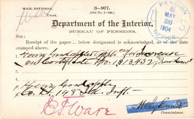Click to view full size image
==============
Henry Goodapple
This was Donated by Mary Muhlfeld
Civil War Document for Henry Goodapple
Henry Goodapple
This was Donated by Mary Muhlfeld
Civil War Document for Henry Goodapple