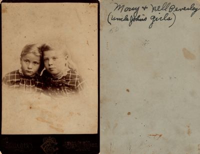 Mary & Nell Peverley

This Cabinet Card Photo States: "Mary & Nell Peverley, (Uncle John's Girls)

The Photographer was in Des Moines, Iowa.
