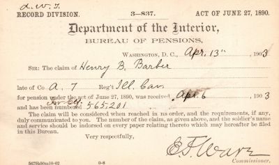 Henry B. Barber

This was Donated by Mary Muhlfeld

Civil War Document for Henry B. Barber
