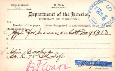 Click to view full size image
==============
Ebin Backus
This was donated by Mary Muhlfeld
Civil War Document for Ebin Backus
Ebin Backus
This was donated by Mary Muhlfeld
Civil War Document for Ebin Backus