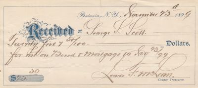 Click to view full size image
==============
George L. Scott
Receipt for Mortgage For George L. Scott.
Dated 23 November 1899, Batavia, New York.
George L. Scott
Receipt for Mortgage For George L. Scott.
Dated 23 November 1899, Batavia, New York.