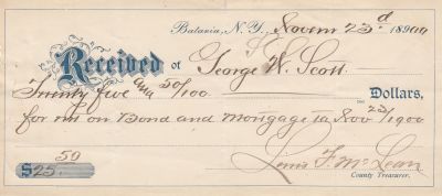 George W. Scott

Receipt for Mortgage For George W. Scott.

NOTE: (The middle initial is different but this was found with the other receipts for George L. Scott)

Dated 23 November 1899, Batavia, New York.
