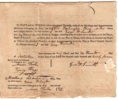 Click to view full size image
==============
George W. Smith & Washington Paine
Deed
George W. Smith to Washington Paine in Weston, Middlesex, Massachusetts.
The Deed is dated 11 September 1824 &
was filed on 13 January 1825
I also have a second Deed dated 6 September 1817 for George W. Smith to Washington Paine that will be sent with the Deed above.
George W. Smith & Washington Paine
Deed
George W. Smith to Washington Paine in Weston, Middlesex, Massachusetts.
The Deed is dated 11 September 1824 &
was filed on 13 January 1825
I also have a second Deed dated 6 September 1817 for George W. Smith to Washington Paine that will be sent with the Deed above.