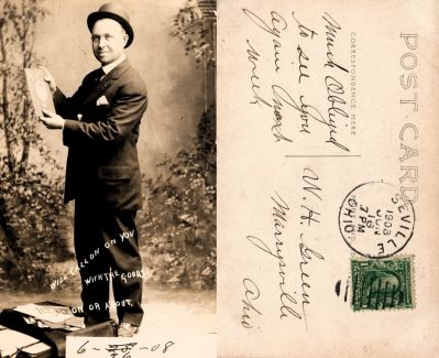 Unidentified

This was Donated by Jody Hansen

This Real Photo Postcard (RPPC) States: (Front) "Will call on you with the goods on or about 26 June 1908"

The Back of the Real Photo Postcard (RPPC) States: "Much obliged to see you again next week"

It is addressed to: "W. H. Green, Marysville, Ohio"

It is date stamped 16 June 1908

