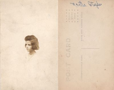 Martha Staples

This Real Photo Postcard (RPPC) was Donated by Jessica Quiroz.

This Real Photo Postcard (RPPC) States: "Martha Staples"

There is No Location Noted.
