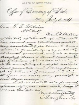 Click to view full size image
==============
Col. Anson Sprague Wood
This was shared by Tammy Jorgensen
This letter was written on State of New York Secretary of State Stationary and was signed by the Deputy Secretary Anson S. Wood. Wood is writing the RNC to recommend one G. F. Wiltrie for a clerkship (presumably at Republican Headquarters). Wood has had included his business card.
Col. Anson Sprague Wood
This was shared by Tammy Jorgensen
This letter was written on State of New York Secretary of State Stationary and was signed by the Deputy Secretary Anson S. Wood. Wood is writing the RNC to recommend one G. F. Wiltrie for a clerkship (presumably at Republican Headquarters). Wood has had included his business card.