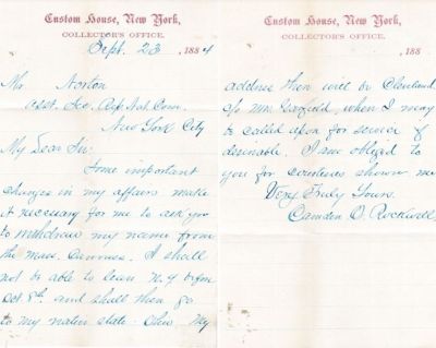 Camden Oren Rockwell

This was shared by Tammy Jorgensen

This Letter was Written on 23 September 1884 by President Garfield's Brother-In Law, Camden O. Rockwell. The Letter is on New York Custom House Stationary. Rockwell is writing the RNC to inform them that he won't be able to take part in the Massachusetts canvass due to personal matters.
