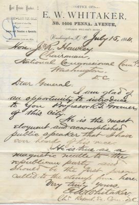 Click to view full size image
==============
Edward Washburn Whitaker
THIS HAS BEEN RETURNED TO FAMILY
Civil War Union Brevet Brigadier General, Congressional Medal of Honor Recipient. He was serving as a Captain in Company E, 1st Connecticut Volunteer Cavalry, at Reams Station, Virginia, on June 29, 1864, when he earned the CMOH.
This is a letter Edward Washburn Whitaker wrote to the Republican National Convention in 1884.
Edward Washburn Whitaker
THIS HAS BEEN RETURNED TO FAMILY
Civil War Union Brevet Brigadier General, Congressional Medal of Honor Recipient. He was serving as a Captain in Company E, 1st Connecticut Volunteer Cavalry, at Reams Station, Virginia, on June 29, 1864, when he earned the CMOH.
This is a letter Edward Washburn Whitaker wrote to the Republican National Convention in 1884.