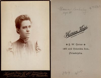 Clara Alida Rooksby

This Cabinet Card Photo States: "Clara Rooksby, age 21"

The Photographers name is "Harrison Krips", Philadelphia, Pennsylvania
