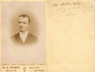 Click to view full size image
==============
Milton White
This Cabinet Card Photo States: "Mr. Milton White, my sister Lizzie boy"
The Photographers name is "G. A. Briggs", Port Elgin, Ontario, Canada.
Milton White
This Cabinet Card Photo States: "Mr. Milton White, my sister Lizzie boy"
The Photographers name is "G. A. Briggs", Port Elgin, Ontario, Canada.