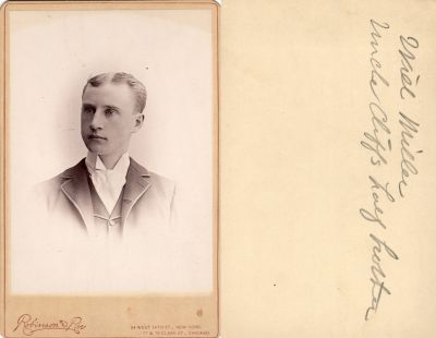 Will Miller

This Cabinet Card Photo States: "Will Miller, Uncle Cliff's half brother"

The Photographers name is "Robinson & Roe", Chicago, Illinois.

