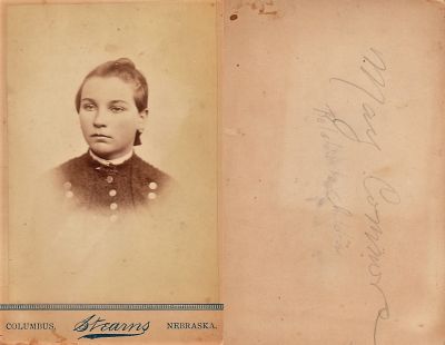 Click to view full size image
==============
May Connor
This was Donated by Jessica Quiroz.
This Cabinet Card Photo States: "May Connor, related to Childer?"
The Photographers name is "Stearns", Columbus, Nebraska
May Connor
This was Donated by Jessica Quiroz.
This Cabinet Card Photo States: "May Connor, related to Childer?"
The Photographers name is "Stearns", Columbus, Nebraska