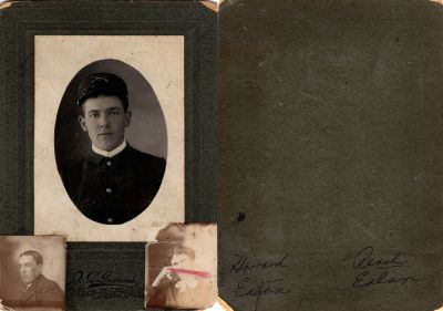 Howard Eaton & Pearl Eaton

This Cabinet Card Photo States: "Howard Eaton (Lower left) & Pearl Eaton (Lower Right). The soldier is unidentified.

The Photographers name is "J. D. Givens" San Francisco, California
